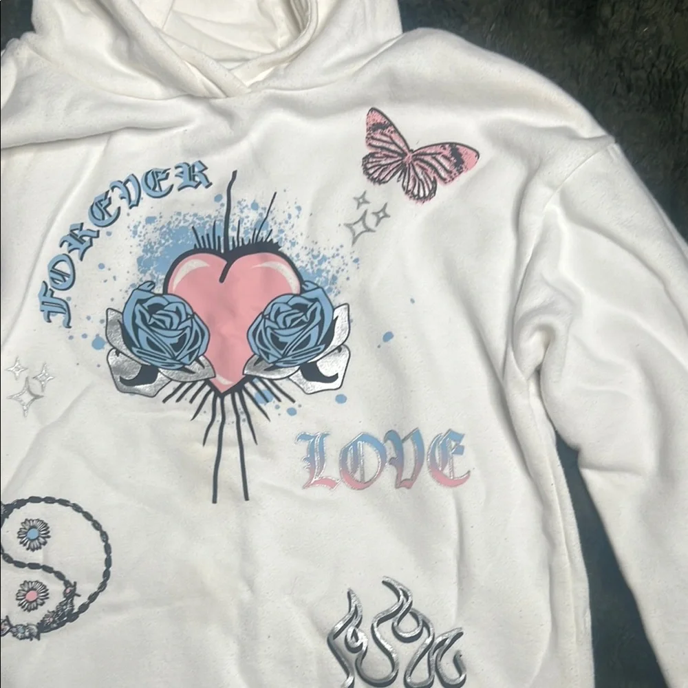 Primark White Hoodie with Blue and Pink Graphics